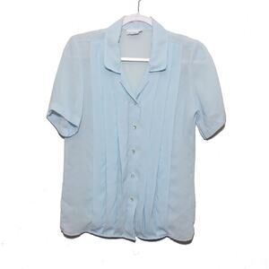 Vintage Laura Mae Pleated Front Short Sleeve Blouse Size 10 Light Blue